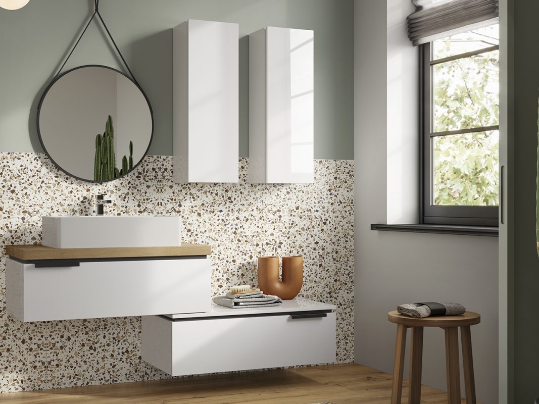 mobile bagno touch 90 cm 1 cassetto bianco lucido e top 4 5 cm in rovere nodi zoom