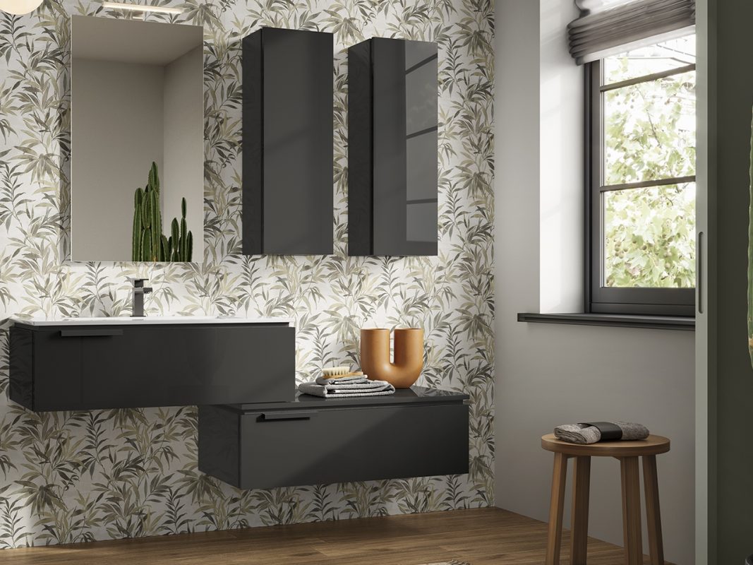 mobile bagno touch 90 cm 1 cassetto antracite lucido e lavabo unitop plano in marmores