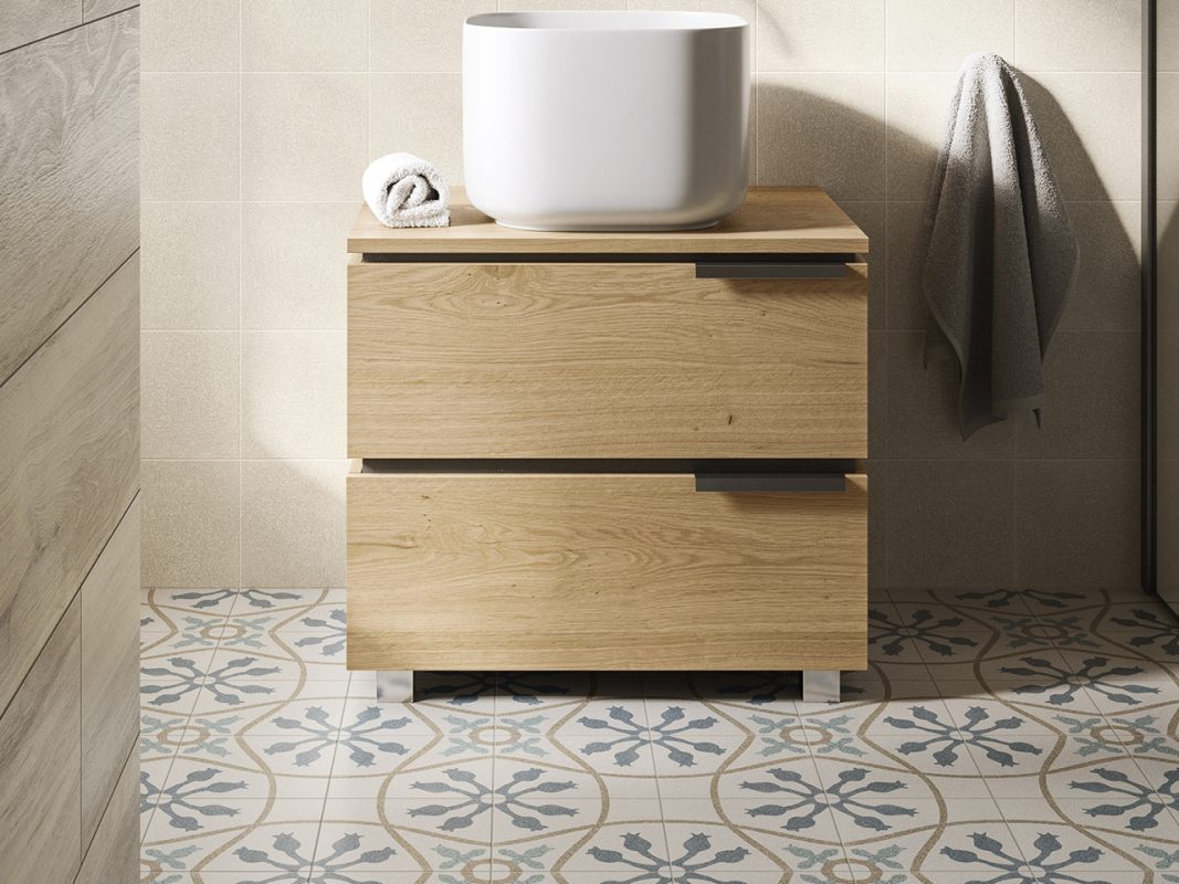 mobile bagno a terra oxygen 70 cm h5 2 cassetti e top 1 8 rovere nodi base zoom